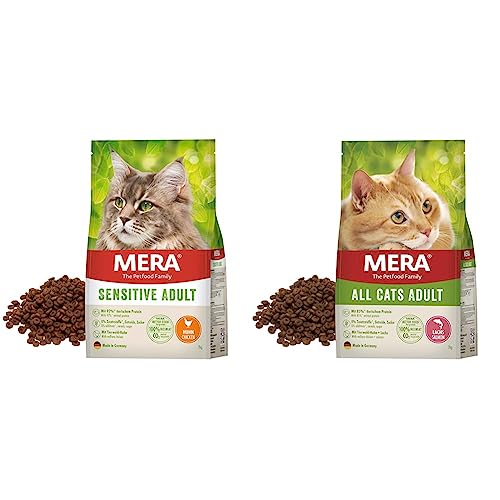 MERA Cats Sensitive Adult Huhn, Trockenfutter für Sensible Katzen & Cats All Cats Adult Lachs - Trockenfutter für ausgewachsene Katzen Katzentrockenfutter mit hohem Fleischanteil von MERA