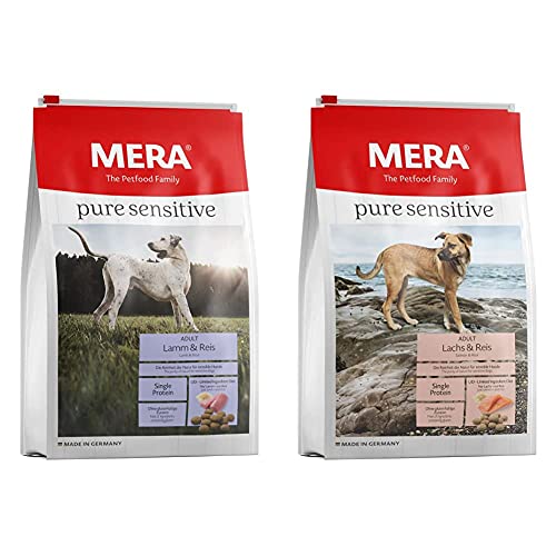 MERA Pure Sensitive Adult Lamm und Reis Hundefutter – Trockenfutter für die tägliche Ernährung nahrungssensibler Hunde & Pure Sensitive Adult Lachs und Reis Hundefutter – Trockenfutter von MERA