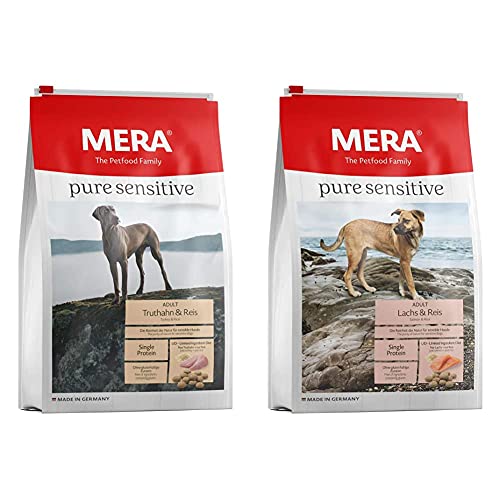 MERA Pure Sensitive Adult Truthahn und Reis Hundefutter – Trockenfutter für die tägliche Ernährung nahrungssensibler Hunde & Pure Sensitive Adult Lachs und Reis Hundefutter von MERA
