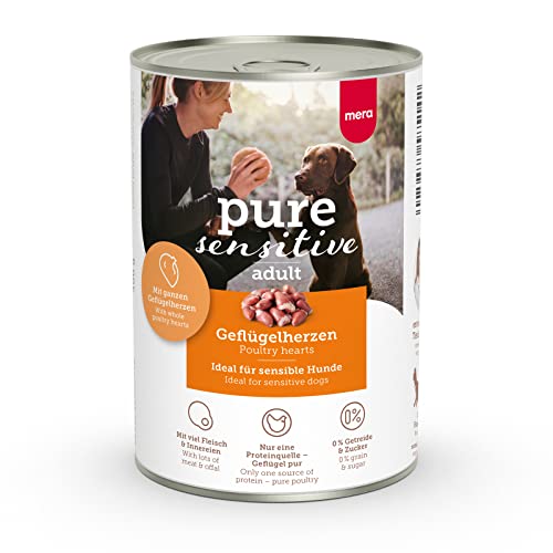 MERA Pure Sensitive Geflügelherzen (6x400g), Hundefutter nass mit hohem Fleischanteil und getreidefrei, Nassfutter aus 100% tierischem Protein für Sensible Hunde, Single Protein von MERA