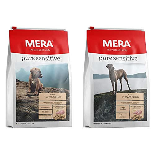 MERA Pure Sensitive Junior Truthahn und Reis Welpenfutter – Trockenfutter für die tägliche Ernährung nahrungssensibler Welpen & Pure Sensitive Adult Truthahn und Reis Hundefutter von MERA