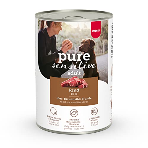 MERA Pure Sensitive Rind (6x400g), Hundefutter nass mit hohem Fleischanteil und getreidefrei, Nassfutter aus 100% tierischem Protein für Sensible Hunde, Single Protein von MERA