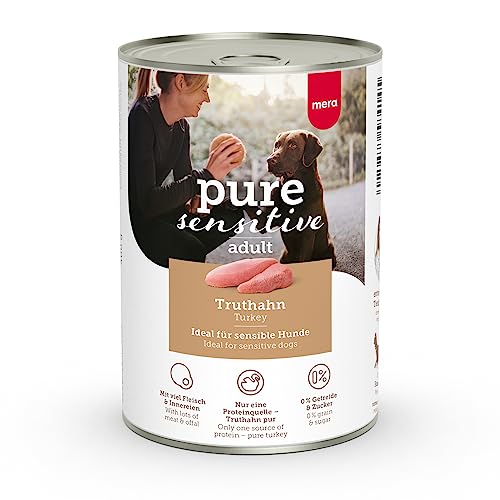 MERA Pure Sensitive Truthahn (6x400g), Hundefutter nass mit hohem Fleischanteil und getreidefrei, Nassfutter aus 100% tierischem Protein für Sensible Hunde, Single Protein von MERA