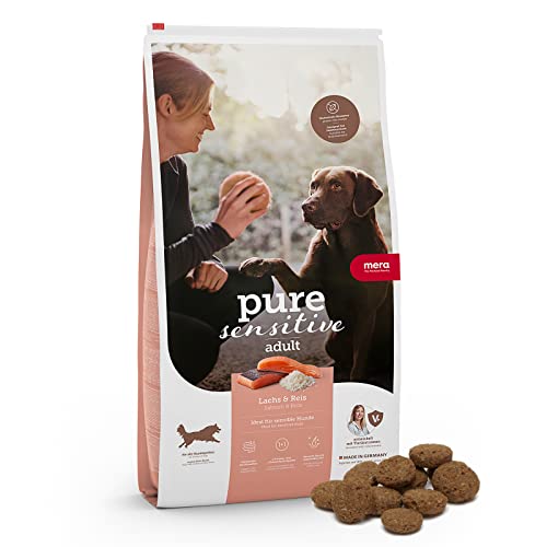 MERA pure sensitive Lachs & Reis, Hundefutter trocken für sensible Hunde, Trockenfutter aus Lachs und Reis, Futter für ausgewachsenen Hund, ohne Weizen und Zucker (12,5 kg) von MERA