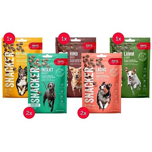 MERA Snacker Special Mix-Pack ohne Getreide (7x200g), herzhaft softe Hundeleckerli für Training oder als Snack, mit Lachs, Insekten, Geflügel, Lamm und Rind von MERA