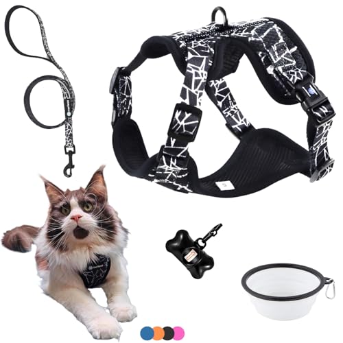 Hundegeschirr für kleine Hunde, Welpen, Katzen (7-11,5kg) Verstellbares Geschirr, Anti-Zug für Hunde mittlere oder große Katzen, Maine Coon robust originell Spaziergangszubehör (M Schwarz, Set 5-in-1) von MERLESS