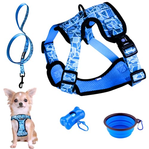 Hundegeschirr für kleine Hunde Chihuahua Welpen,Kätzchen (1,2-3kg). Verstellbares Geschirr für sehr kleine Hunde Anti-Zug-Weste robust originell Spaziergangszubehör, Geschenkbox (XS Blau, Set 5 in 1) von MERLESS