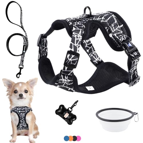 Hundegeschirr für kleine Hunde, Welpen und Kätzchen (1,2-3 kg) Verstellbares Geschirr für sehr kleine Hunde Chihuahuas Anti-Zug-Weste robust und originell Spaziergangszubehör (XS Schwarz, Set) von MERLESS