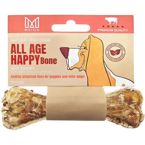 MERSJO ALL AGE HAPPY BONE, Funktionaler Kauknochen, Hundeleckerli mit Kaninchen, Karotte, Prebiotikum & Glucosamin – 10 cm, 35 g – Weicher Kausnack für Hunde, ideal für Gelenke & Verdauung, 100% Natur von MERSJO