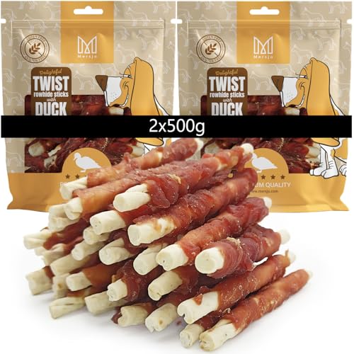 MERSJO Hundeleckerlis Twist Rohhaut-Sticks mit Entenfleisch, 2x500g, 12-13 cm, Glutenfrei, Natürlicher Kausnack für Hunde von MERSJO