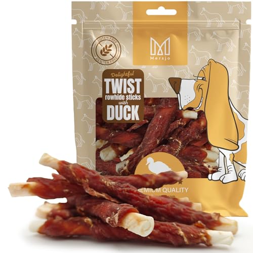 MERSJO Hundeleckerlis Twist Rohhaut-Sticks mit Entenfleisch, 500g, 12-13 cm, Glutenfrei, Natürlicher Kausnack für Hunde von MERSJO