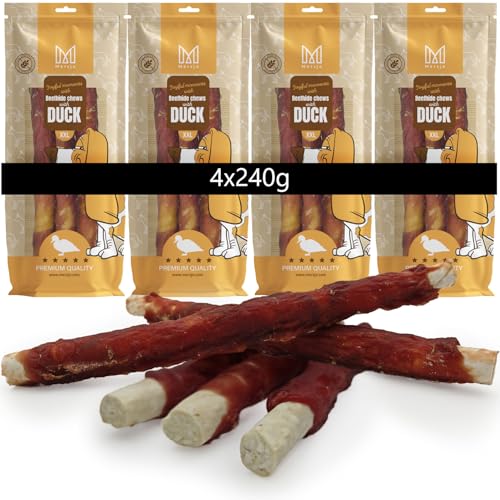 MERSJO Hundeleckerlis XXL Beefhide Kaustangen mit Entenbrust, 4x240g, 24-25 cm, für mittelgroße bis große Hunde von MERSJO