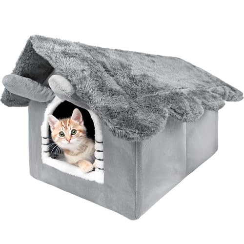 MERSJO Katzenhaus William, Plüsch-Höhle mit abnehmbarem Dach, 34x34x39 cm, Katzenbett mit Kissen und Anti-Rutsch-Boden, Grau von MERSJO