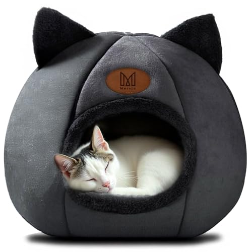 MERSJO Katzenhöhle mit Ohren, Plüsch-Katzenbett, Schwarz, rutschfeste Unterseite von MERSJO