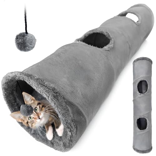 MERSJO Katzenspielzeug Tunnel, 120 x 25 cm, Plüsch-Katzentunnel mit Knistermaterial und Spielball, Grau von MERSJO