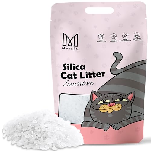 MERSJO Sensitive Premium Silikat Katzenstreu - Natürlich, Geruchsfrei, Komfortabel für Empfindliche Katzen, Staubfrei, Klumpenfrei, Absorbiert Gerüche, verhindert Bakterienwachstum, 3.8L von MERSJO