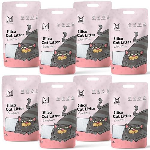 MERSJO Sensitive Premium Silikat Katzenstreu - Natürlich, Geruchsfrei, Komfortabel für Empfindliche Katzen, Staubfrei, Klumpenfrei, Absorbiert Gerüche, verhindert Bakterienwachstum, 8x3.8L von MERSJO