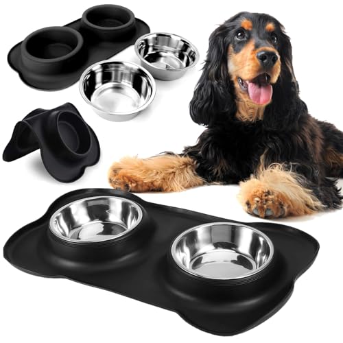 Mersjo Doppel-Hundenapf Set mit Silikonunterlage, 2 x 400 ml Edelstahlschüsseln, 46 x 27 cm, rutschfest, Schwarz von MERSJO