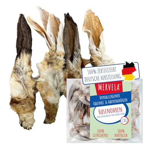 MERVELA® Hasenohren mit Fell für Hunde | 1.000 g | Qualität aus Deutschland | Kaninchenohren | 100% natürlich, getreidefrei, ideal für die Zahnreinigung & Beschäftigung von MERVELA