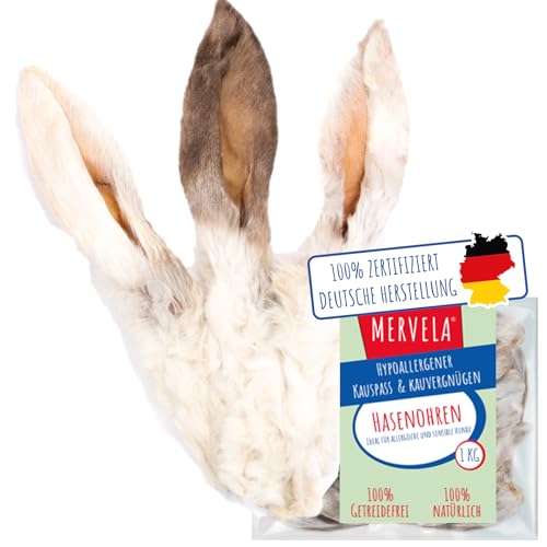 MERVELA® Hasenohren mit Fell für Hunde | 1.000 g | Qualität aus Deutschland | Kaninchenohren | 100% natürlich, getreidefrei, ideal für die Zahnreinigung & Beschäftigung von MERVELA