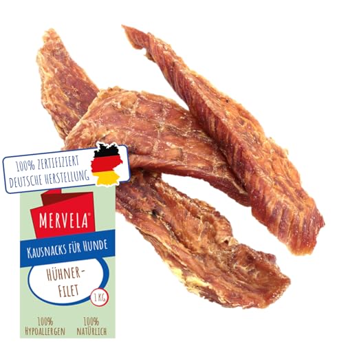 MERVELA® Hühnerfilet, 1 KG [Qualität aus Deutschland] Getreidefrei & Hypoallergen für Allergiker Hunde, Kausnack, Trainingssnack, Belohnung, Hunde Leckerli, Proteinreich von MERVELA