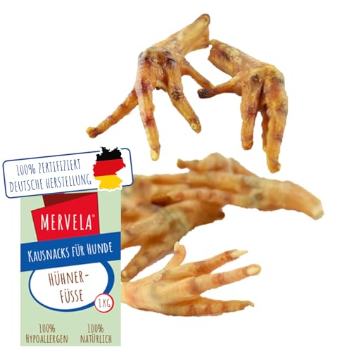 MERVELA® Hühnerfüsse, 1 KG [Qualität aus Deutschland] Getreidefrei & Hypoallergen für Allergiker Hunde, Kausnack, Trainingssnack, Belohnung, Hunde Leckerli, Proteinreich von MERVELA