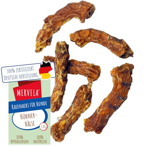 MERVELA® Hühnerhälse, 1 KG [Qualität aus Deutschland] Getreidefrei & Hypoallergen für Allergiker Hunde, Kausnack, Trainingssnack, Belohnung, Hunde Leckerli, Proteinreich von MERVELA
