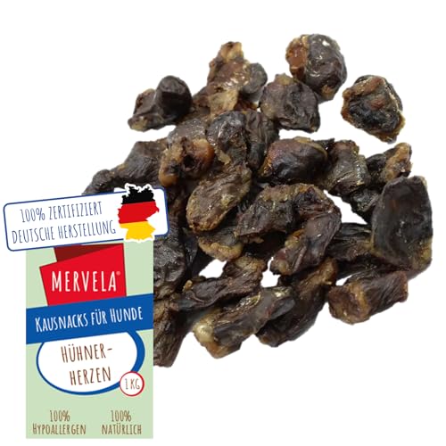 MERVELA® Hühnerherzen, 1 KG [Qualität aus Deutschland] Getreidefrei & Hypoallergen für Allergiker Hunde, Kausnack, Trainingssnack, Belohnung, Hunde Leckerli, Proteinreich von MERVELA