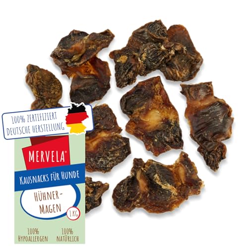 MERVELA® Hühnermagen, 1 KG [Qualität aus Deutschland] Getreidefrei & Hypoallergen für Allergiker Hunde, Kausnack, Trainingssnack, Belohnung, Hunde Leckerli, Proteinreich von MERVELA