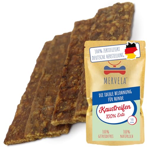 MERVELA® Ente Fleischstreifen, 500 Gramm [Qualität aus Deutschland] für Allergiker Sensitive Hunde, Belohnung, Trainingssnack, getreidefrei, Hundesnack, hypoallergen, Hunde Leckerli, Kausnack, Protein von MERVELA