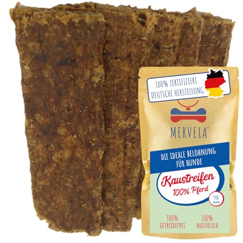 MERVELA® Pferd Fleischstreifen | 500 Gramm [Qualität aus Deutschland ] für Allergiker Hunde | Belohnung | Trainingssnack | getreidefrei | Hundesnack von MERVELA