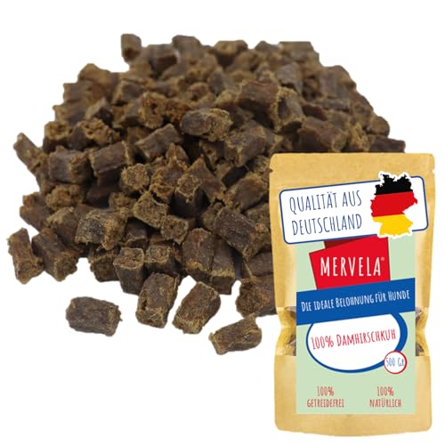 MERVELA® Premium Damhirschkuh Kauwürfel für Hunde, 500g - Ideal als Trainingsleckerli | 100% Natürliches Damhirschkuhfleisch | Hypoallergen für Sensible Hunde | Made in Germany von MERVELA
