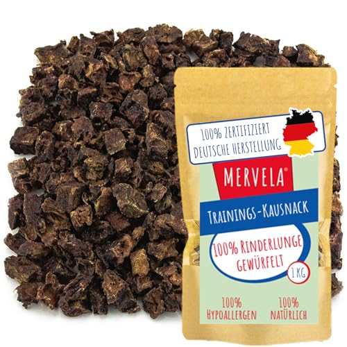 MERVELA® Trainingssnacks Rinderlunge gewürfelt | 1.000 Gramm | getrocknete Lunge für Hunde | ideale Belohnung | Leckerli getreidefrei | Leckerlies | Trainingssnack von MERVELA