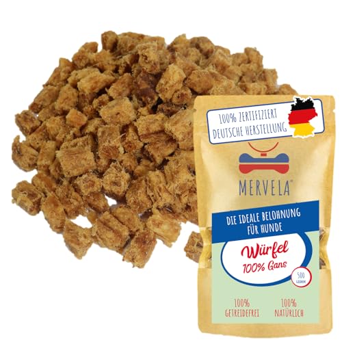 MERVELA® Premium Gans Kauwürfel für Hunde, 500g - Ideal als Trainingsleckerli | 100% Natürliches Gansfleisch | Hypoallergen für Sensible Hunde | Made in Germany von MERVELA