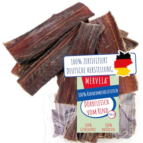 MERVELA® Dörrfleisch für Hunde 500 g | Rinderdörrfleisch | Trockenfleisch | gesunder Hundesnack aus Deutscher Herstellung | 100% Rindfleisch und natürlicher Kausnack von MERVELA