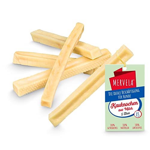MERVELA® Kaukäse für Hunde | 5 * 30 Gramm | Käseknochen | Beschäftigung & Belohnung | Käsestangen für Sehr Kleine Hunde | Harter Yak Käse, Langer Kauspaß von MERVELA