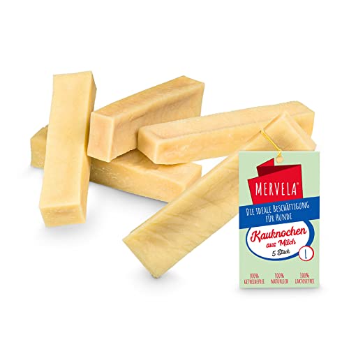 MERVELA® Kaukäse für Hunde | 5 * 90 Gramm | Käseknochen | Beschäftigung & Belohnung | Käsestangen für Mittelgroße Hunde | Harter Yak Käse, Langer Kauspaß von MERVELA