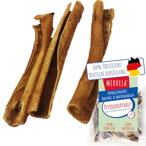 MERVELA Pferdekopfhaut ohne Fell | 100% Pferd | 1 kg | Qualität aus Deutschland | 12 cm Stücke | natürliche Zahnreinigung | ideal für hypoallergene allergische Hunde von MERVELA