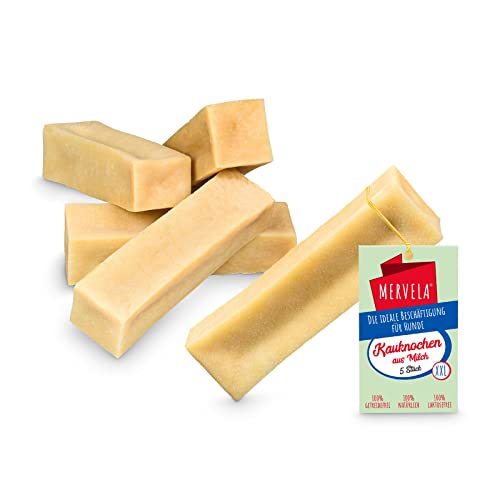 MERVELA® Kaukäse für Hunde | 5 * 170 Gramm | XXL | Käseknochen | Beschäftigung & Belohnung | Käsestangen für Sehr Große Hunde | Harter Yak Käse, Langer Kauspaß von MERVELA