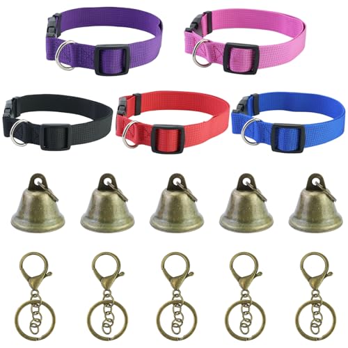 5 Stück Ziegenhalsbänder, verstellbares Haustierhalsband mit Glocke, klassisches verstellbares Hundehalsband, mit 5 Stück Schlüsselanhänger, für Katzen, Hunde, Ziegen, Schafe (5 Farben) von MERVYNGLYNNHUNTER