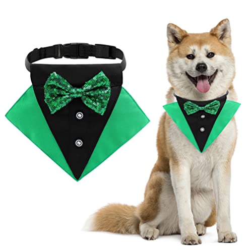 St. Patrick's Day Hundehalsband mit Fliege und D-Ring, verstellbares Hunde-Smoking-Lätzchen, Cosplay-Bandana, dreieckiges Handtuch für das irische Festival (L, schwarzgrün) von MESERY