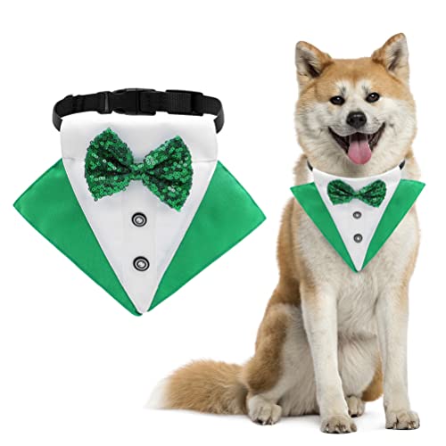St. Patrick's Day Hundehalsband mit Fliege und D-Ring, verstellbares Hunde-Smoking-Lätzchen, Cosplay-Bandana, dreieckiges Handtuch für das irische Festival (L, weißgrün) von MESERY