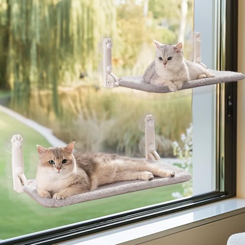MEWOOFUN 2PCS Katzen fensterhängematte – faltbares Katzen fensterbett mit wendbarer Matte, stabile Katzenhängematte hält bis zu 18kg, 54x30cm (grau, M) von MEWOOFUN