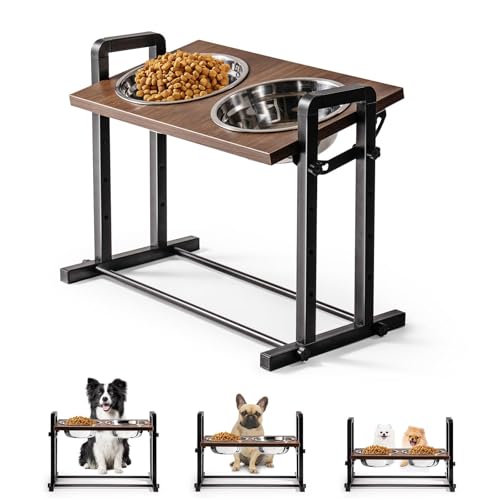 MEWOOFUN Erhöhter Hundenapf für kleine, mittelgroße Hunde, 3-fach höhenverstellbar, stabile hölzerne erhöhte Hundenäpfe mit 2 x 800 ml Edelstahlnäpfen (klein) von MEWOOFUN