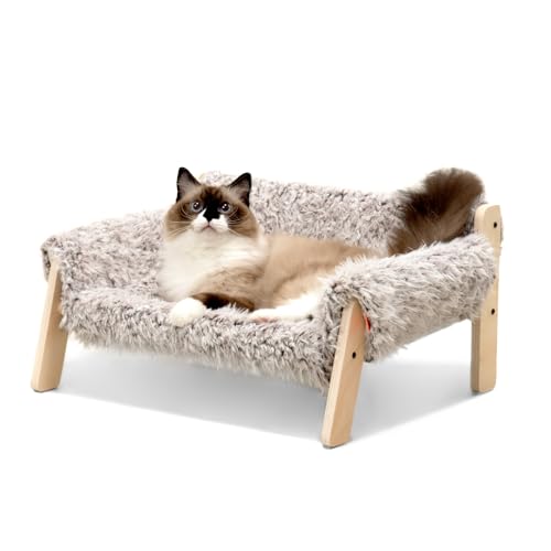 MEWOOFUN Erhöhtes Katzenbett Sofa aus Holz, 56x45cm robust großes Katzensofa – modischer Katzenstuhl mit abnehmbarem Matratzenbezug Belastbar mit 10 kg (Braun, 56x45cm) von MEWOOFUN