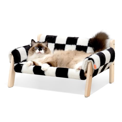 MEWOOFUN Erhöhtes Katzenbett Sofa aus Holz, 56x45cm robust großes Katzensofa – modischer Katzenstuhl mit abnehmbarem Matratzenbezug Belastbar mit 10 kg (Schachbrett, 56x45cm) von MEWOOFUN