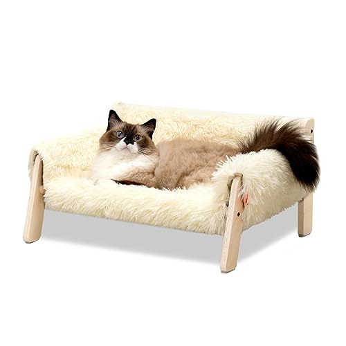 MEWOOFUN Erhöhtes Katzenbett Sofa aus Holz, 56x45cm robust großes Katzensofa – modischer Katzenstuhl mit abnehmbarem Matratzenbezug Belastbar mit 10 kg (Weiß, 56x45cm) von MEWOOFUN