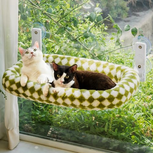 MEWOOFUN Großes Katzen Hängematte Fenster mit Abnehmbarem Dickem Bezug - Faltbare Hängematte Katze Fenster Stabil für Katzen, Katzen Hängematte mit 4 starken Saugnäpfen hält 18kg (Grün, L) von MEWOOFUN