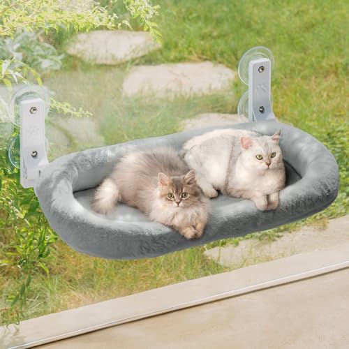 MEWOOFUN Großes Katzen Hängematte Fenster mit Abnehmbarem Dickem Bezug - Faltbare Hängematte Katze Fenster Stabil für Katzen, Katzen Hängematte mit 4 starken Saugnäpfen hält 18kg (Hellgrau, L) von MEWOOFUN