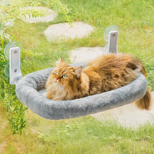 MEWOOFUN Großes Katzen Hängematte Fenster mit Abnehmbarem Dickem Bezug - Faltbare Hängematte Katze Fenster Stabil für Katzen, Katzen Hängematte mit 4 starken Saugnäpfen hält 18kg (Hellgrau, M) von MEWOOFUN
